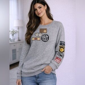 Social Scene Gray Crewneck Sweater with New York Patches